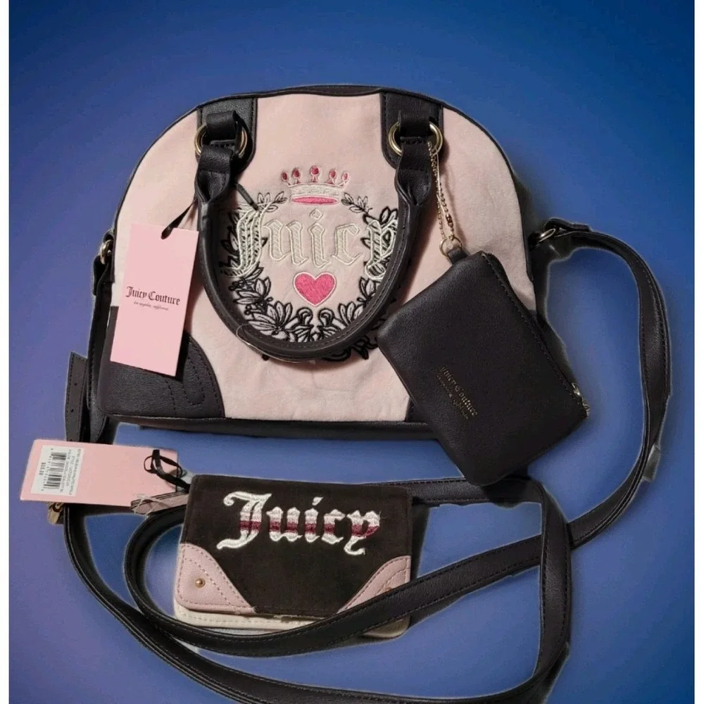 JUICY Couture Heritage Satchel Dome Pink Chocolate Coin Wallet 3 pc Heart